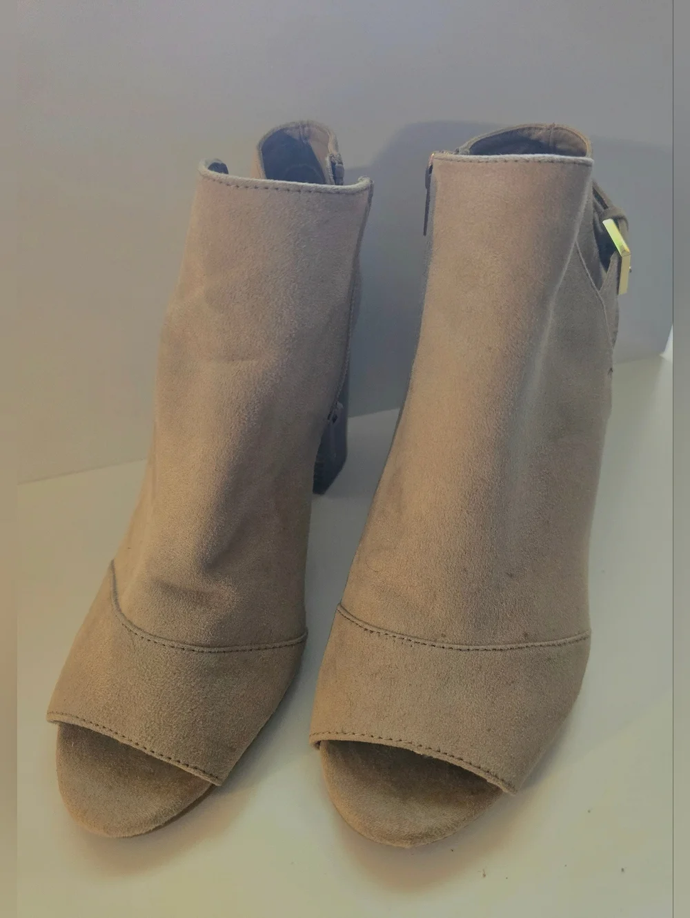 Women’s Taupe Suede Peep-Toe Ankle Bootie - Picture 2 of 4